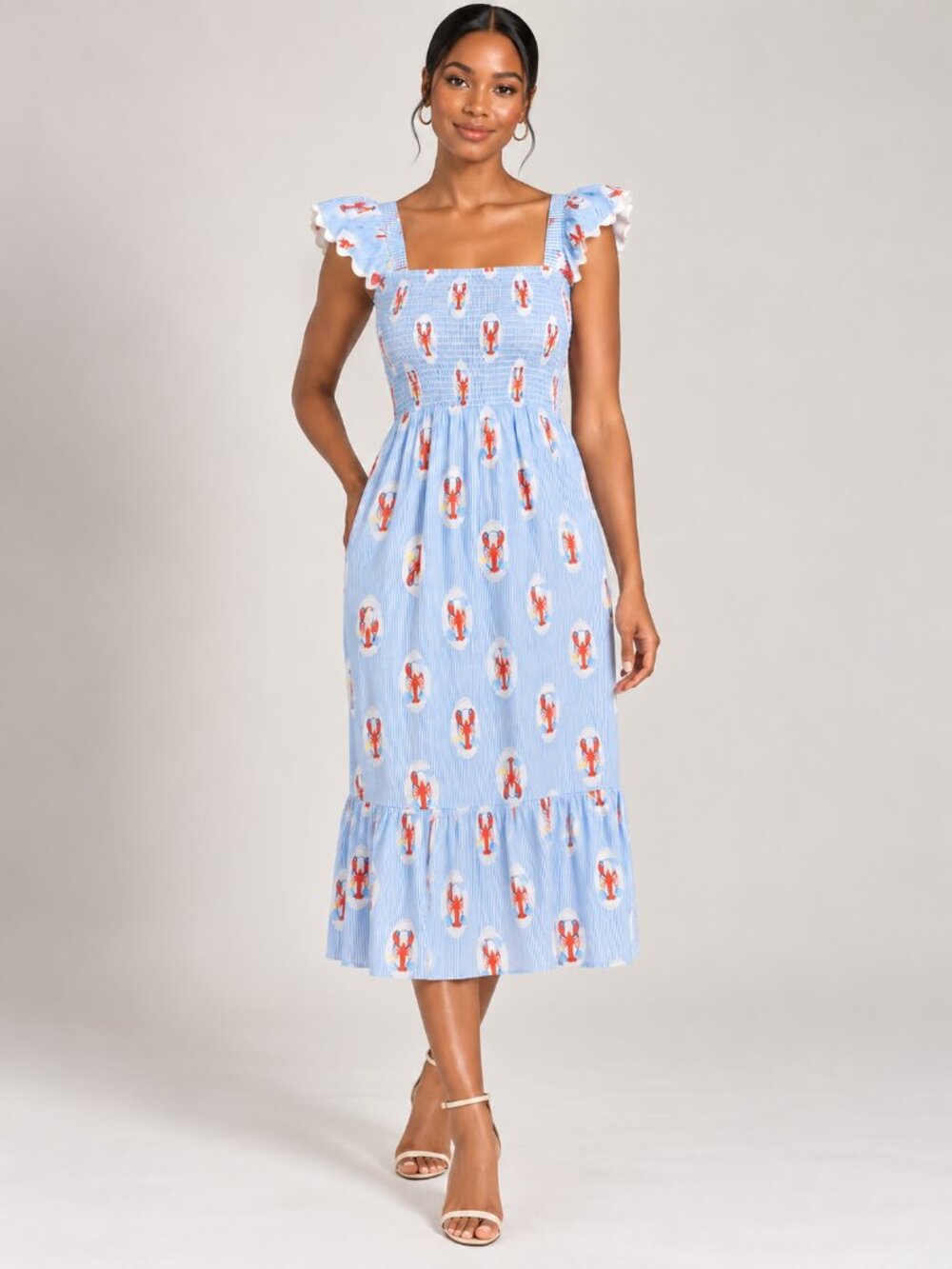THML Lobster Print Smocked Midi Dress Cotton Ruffle Sleeve Large NWOT